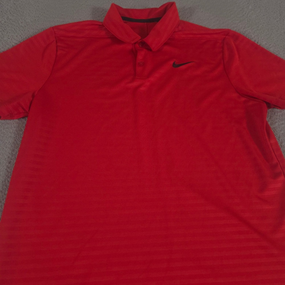 Nike Polo Shirt Mens Large Red Dri-Fit Essential Golf Striped Swoosh Logo Top